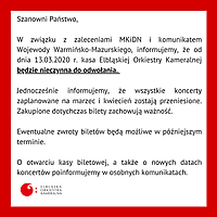 Kasa EOK nieczynna, marcowe i kwietniowe koncerty przełożone