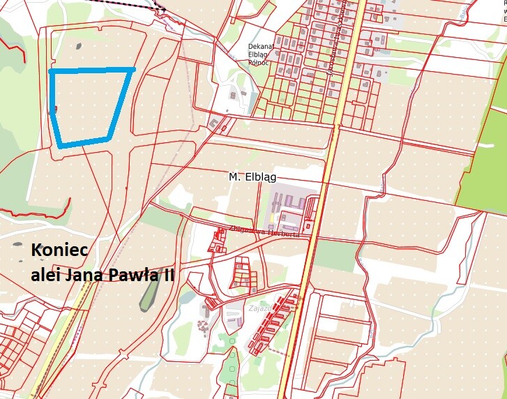 Elbląg, Działka sprzedawana przez miasto jest zaznaczona na planie niebieską linią, znajduje się ok. 500 m od zakończenia alei Jana Pawła II