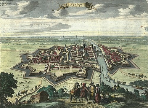 Elbląg, Elbląg, Ville de la Prusse Royale. A Leide, Chez Pierre van der Aa. [ok. 1720]. Miedzioryt ręcznie kolorowany