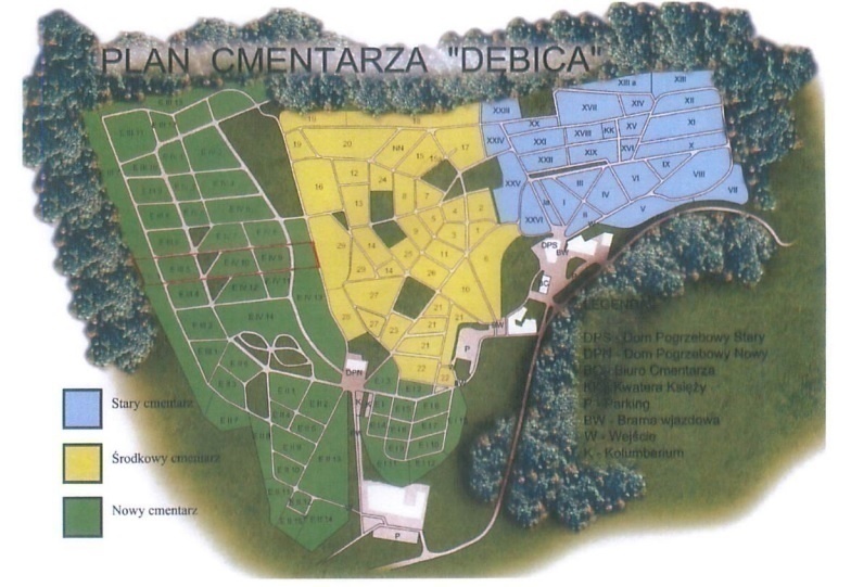 Elbląg, Grafika przedstawiająca plan cmentarza Dębica, czerwonym prostokątem oznaczono teren, na którym powstaną nowe miejsca do pochówków (mat. przetargowe)