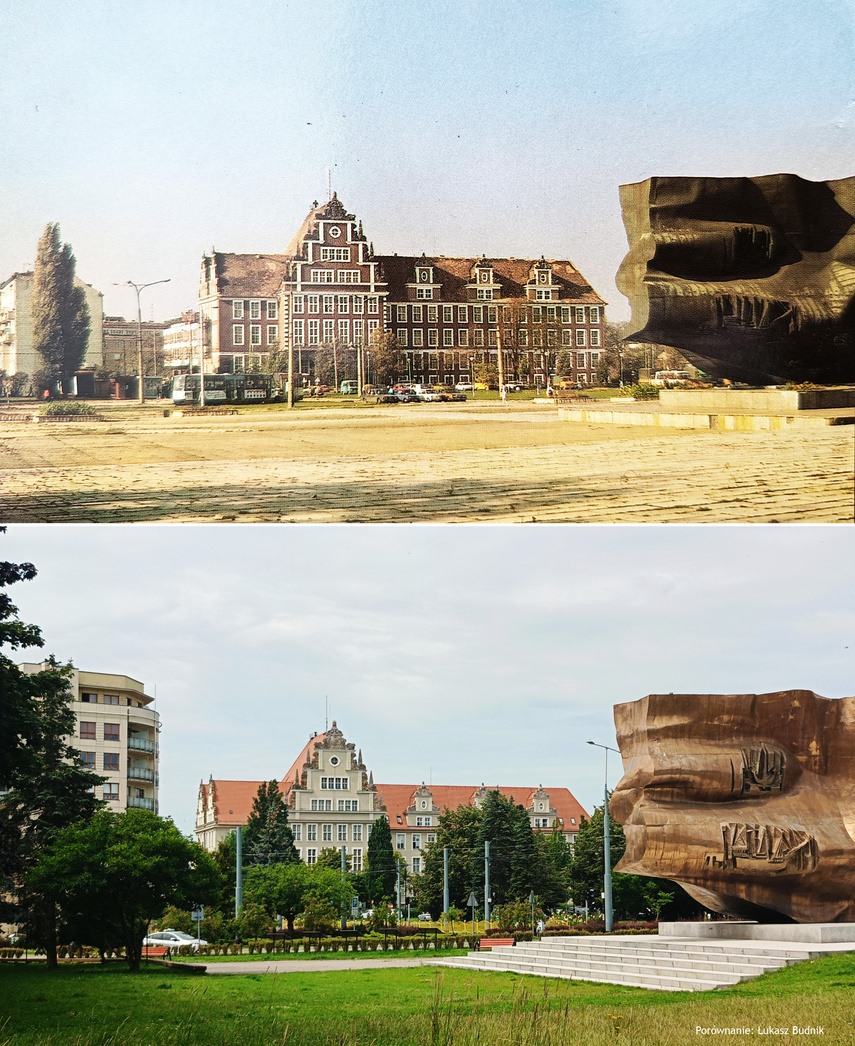 Elbląg, Widok na sąd z okolic Placu Konstytucji w latach 90. i współcześnie (autor starszego zdjęcia: Czesław Misiuk)