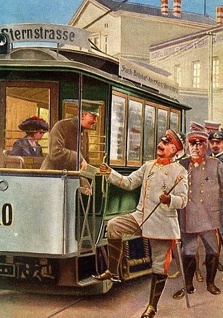 Elbląg, Wilhelm II wsiada do elbląskiego tramwaju.