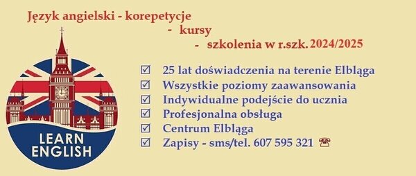 Elbląg Język angielski - korepetycje, nauka, kursy, szkolenia 2024/2025