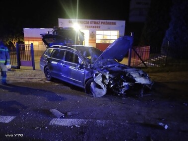 Stracił panowanie nad autem, staranował znaki i zatrzymał się przy bramie remizy